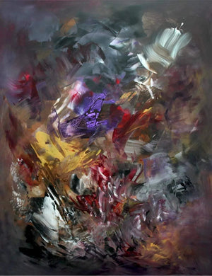 Captivating abstract artwork depicting a vibrant, energetic burst of colors and shapes. Dynamic and expressive brushstrokes create a sense of movement and emotion across the large canvas.