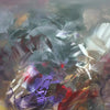 Large abstract painting depicting a dynamic, colorful composition of various brushstrokes and textures in earthy tones of green, brown, red, and purple. The artwork features an energetic, abstract landscape with a sense of movement and depth, creating a visually striking and modern piece of art.