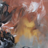 Vibrant abstract painting with dynamic brushstrokes of warm orange, yellow, and white hues against a dark background, creating a sense of movement and depth.