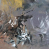 Dramatic abstract painting featuring bold brushstrokes in shades of gray, brown, and yellow, creating a dynamic and ethereal composition.
