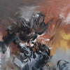 Vibrant abstract painting titled "Lost In The Shadows" depicting dynamic brush strokes of warm orange, gray, and black hues creating a powerful, captivating composition on a large canvas.