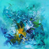 "Vibrant Abstract Aquatic Art" - Colorful abstract painting featuring lively brushstrokes in shades of blue, green, and yellow, evoking an underwater seascape.