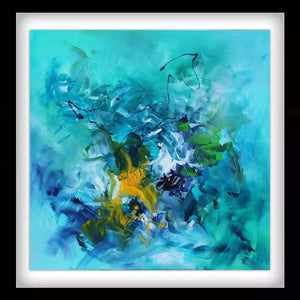 "Vibrant Aquatic Abstract" - Signed Edition Art Print featuring a dynamic, colorful abstract painting with swirling, flowing brushstrokes in shades of blue, green, yellow, and white, evoking an underwater seascape.
