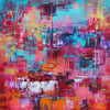 "Magical Kingdom" Signed Edition Art Print - Vibrant abstract painting in bold, earthy colors of red, orange, blue, and yellow featuring a dynamic composition of brushstrokes, layers, and textures.