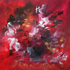 Vibrant abstract canvas art with bold brushstrokes and a fiery red, pink, and black color palette. Energetic, dynamic, and expressive painting showcasing the artist's artistic talent.