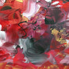 Vibrant abstract painting with bold brushstrokes in shades of red, pink, and gray. Textured canvas with swirling colors and organic shapes, creating a dynamic and expressive artwork.