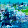 Vibrant abstract landscape painting depicting a colorful, textured scene with blended blue, green, and white hues. The artwork features expressive brushstrokes and a dynamic, energetic composition that evokes a sense of movement and depth.