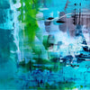 Large abstract landscape painting with vibrant blue, green, and gray tones. Expressive brushstrokes and blended colors create a dynamic, fluid composition. The artwork has an earthy, organic feel with a sense of depth and movement.