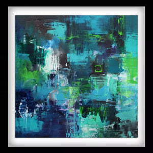 "Vibrant Abstract Painting with Earthy Colors" - Signed original abstract art print featuring a dynamic, colorful composition of blues, greens, and blacks in an earthy, modern style by artist Paresh Nrshinga.