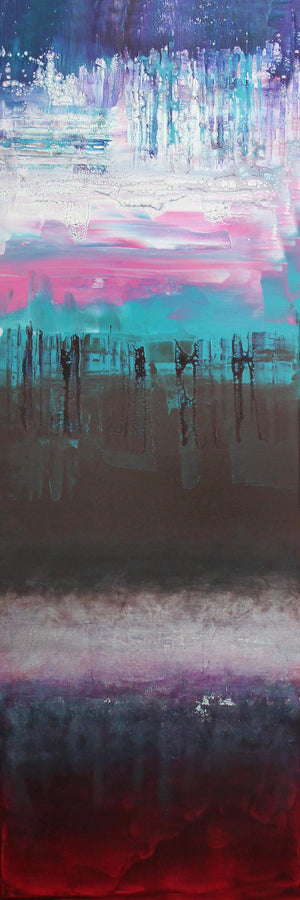 Vibrant abstract landscape painting with bold strokes of blue, pink, and purple hues, creating a captivating and dreamlike atmosphere.