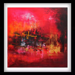 "Golden Canyon" Signed Edition Art Print - Abstract landscape painting with vibrant red, orange, and yellow tones, showcasing an earthy, modern art style.