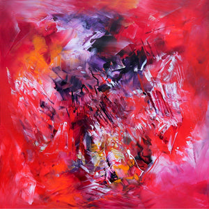 Vibrant abstract square painting with bold, earthy red, purple, and orange brush strokes, creating a dynamic and expressive modern art piece.