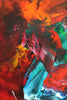 Vibrant abstract painting with bold brushstrokes of red, orange, green, and blue colors