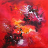Vibrant abstract painting with bold, energetic brushstrokes in shades of red, orange, and black, creating a dynamic and emotive visual composition.