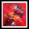 Vibrant abstract art print with bold, fiery red and orange tones, featuring dynamic brushstrokes and shapes that create an energetic, emotive composition.