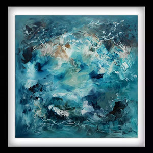 "Angels On Her Shoulders" Signed Edition Art Print
This abstract painting features a vibrant, textured composition in shades of turquoise, navy, and white. The bold, expressive brushstrokes create a sense of movement and depth, evoking the feeling of a stormy, ethereal landscape.