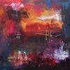 Vibrant abstract landscape depicting a fiery sunset over a mystical, dreamlike scene with ethereal shapes and colorful brushstrokes. The painting features a blend of warm reds, oranges, and yellows alongside cooler blues and purples, creating a visually striking and imaginative composition.