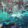 Large abstract artwork depicting a surreal, dreamlike landscape. The painting features a vibrant, multicolored composition with a predominantly aqua blue and green color palette. Bold, expressive brushstrokes and abstract forms create a sense of movement and depth within the canvas. This captivating, modern abstract artwork would make an impactful statement in any home or office setting.