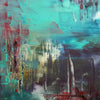 Vibrant abstract landscape painting depicting a captivating sapphire lagoon surrounded by lush, colorful vegetation and natural elements. Showcasing the artist's skilled brushwork and creative expression.