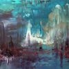 Abstract Landscape | Sapphire Lagoon 100x100cm - Vibrant abstract painting featuring a serene, dreamlike underwater scene with blurred forms and swirling colors.
