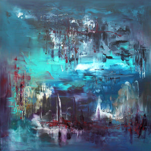 Abstract landscape painting depicting a sapphire lagoon. The canvas shows a captivating blend of blues, turquoises, and other vibrant colors, creating a dreamlike and imaginative scene. This large, square abstract artwork would make a stunning addition to any modern or contemporary interior.