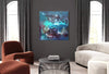 Abstract Landscape | Sapphire Lagoon 100x100cm
Large abstract painting displayed in modern living room setting with gray walls, arched windows, and stylish furniture.