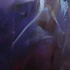 Abstract landscape painting with vibrant purple and gold hues depicting the transition from dusk to dawn.
