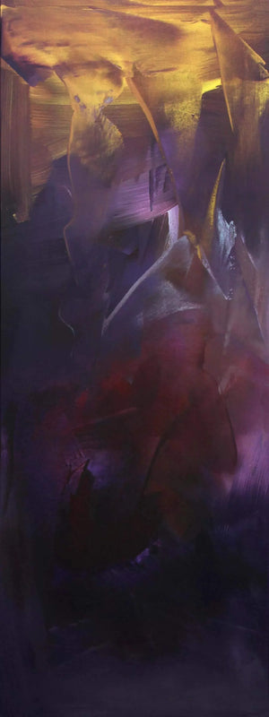 Striking abstract landscape with vibrant purple, gold, and red hues creating a dynamic, expressive composition in the featured 18x48" canvas painting.