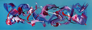 Vibrant teal abstract landscape painting with dynamic brushstrokes and swirling colors, evoking a winter wonderland scene.