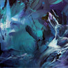 Abstract vibrant art canvas with flowing brush strokes in shades of blue, purple, and green. The dynamic, expressive painting evokes a sense of movement and depth, showcasing the artist's creative expression.