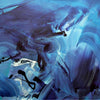 Blue and white abstract painting with swirling brush strokes