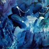 Vibrant abstract painting with bold, sweeping brushstrokes in shades of blue, navy, and white. Textured, expressive artwork with a dynamic, energetic composition.
