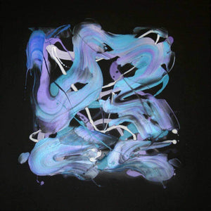 Vibrant abstract fluid painting with swirling hues of blue, purple, and white on a dark background.