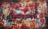 Large abstract painting titled "Memory Lane II" featuring a vibrant, expressive landscape with layers of red, orange, and yellow hues. Textured brushstrokes and dynamic compositions create a sense of movement and depth across the extra-large 36x60" canvas.