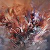Abstract landscape painting showcasing bold brushstrokes in earthy, warm tones of brown, orange, and purple, creating a dynamic and captivating visual experience.