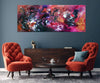 Large abstract landscape painting titled "Welcome To The World" displayed in a modern living room setting with red velvet armchairs and a wooden coffee table.