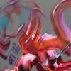 Vibrant abstract painting with bold, colorful brushstrokes. Swirling patterns of pink, orange, and blue create a dynamic, textured composition. Artistic expression with striking visual appeal.