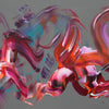 Vibrant abstract painting with dynamic brushstrokes in a variety of bold, vivid colors including pink, orange, teal, and purple against a neutral grey background.