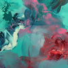 Vibrant abstract artwork featuring colorful brushstrokes and textures in shades of green, red, and pink. The painting showcases a dynamic, dreamlike composition with fluid, organic forms and a sense of movement.