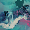 Dreamcatcher abstract landscape painting in vibrant turquoise, pink, and white hues, featuring organic, flowing shapes and textures.