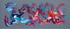 Vibrant abstract painting showcasing dynamic brushstrokes in vibrant hues of blue, pink, and red against a gray background.