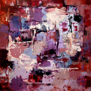 Vibrant abstract painting featuring a dynamic mix of bold red, purple, and white hues. The canvas showcases an expressive, textured composition with fluid brushstrokes and layered paint. This abstract artwork would make an impactful statement in any modern or contemporary setting.