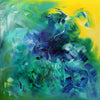 Vibrant abstract artwork depicting a swirling combination of green, blue, and yellow hues. The lively brushstrokes create a dynamic, energetic composition that captures the essence of nature and movement.