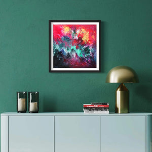 "Vibrant abstract art print on display in modern home decor"