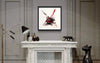 Framed Abstract Art Print
A vibrant abstract art print titled "Synergy" showcased on the wall above a decorative fireplace mantel in a modern living room setting. The print features bold, dynamic brushstrokes in red, black, and white, creating an eye-catching and dynamic visual. The room's elegant decor, including ornate mirrors and sculptures, complements the bold abstract artwork.