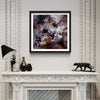 Striking abstract artwork titled "Shadow Dance" displayed on the wall above a mantel, surrounded by decorative objects and a black panther figurine, creating a sophisticated and artistic home decor setting.