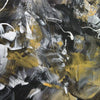 Abstract art portrait with earthy color palette and bold brushstrokes. Dramatic black, white, and golden tones create a sense of movement and energy on the large canvas.