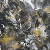 Vibrant abstract painting showcasing a captivating dance of light and shadow with swirling brushstrokes of gray, black, and golden hues.