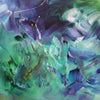 Vibrant abstract canvas painting with dynamic swirls of green, blue, and purple hues, creating a captivating modern art composition.