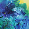 Vibrant abstract art canvas with bold brushstrokes of blue, green, and yellow paint creating a dynamic and expressive modern artwork.